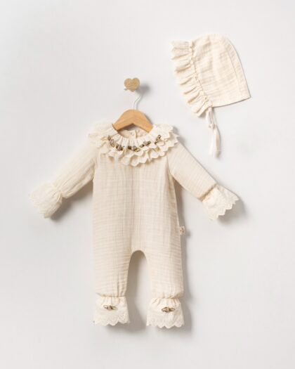 Naturel Güllü Müslin Kız Bebek Tulum