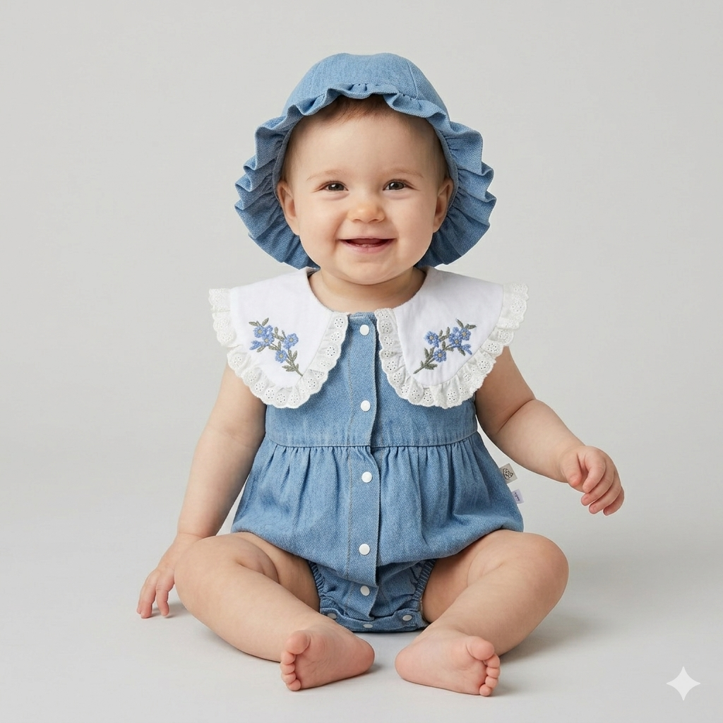 Maviş Çiçekli Şapkalı Kız Bebek Kot Romper Set