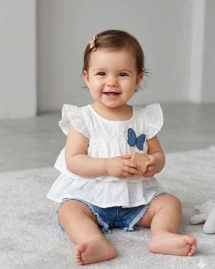 Kelebek Nakışlı Bluz & Kot Şort Kız Bebek Takım